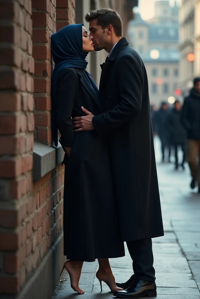 Navy blue headscarf on the street, black long closed coat, barefoot, Sexy skinny woman leaning her back against the wall. Kissing with the man.