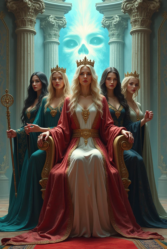 5 women dressed as sorceresses, the second woman is a blonde, with a long tunic of different colors, with a setro in her hand, with her crown on her head, perched on a beautiful throne, behind her she has an open portal to another dimension.