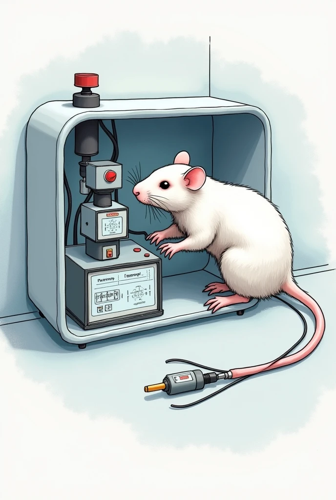 Drawing of a white rat measuring pressure by a transducer on its tail in a device 