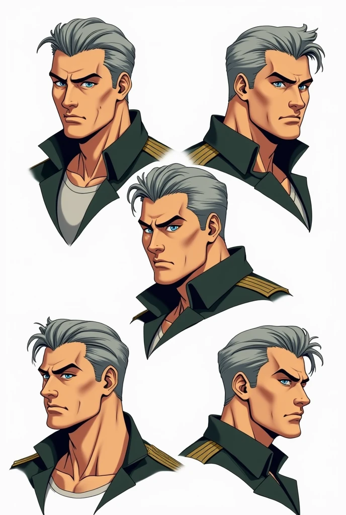 Character of an adult male named John Smith. He has fair skin with a few freckles, short gray hair slicked back with hints of brown, and intense blue eyes with a watchful expression. His build is stocky and muscular. He wears a military uniform. The style should mix 1980s comic book art with 1980s anime, different expressions, character sheet, white background --3:2 aspect ratio