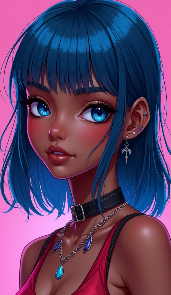 dark skinned girl with shoulder length mullet and blue hair with angel bite piercing, and she is a gyaru
