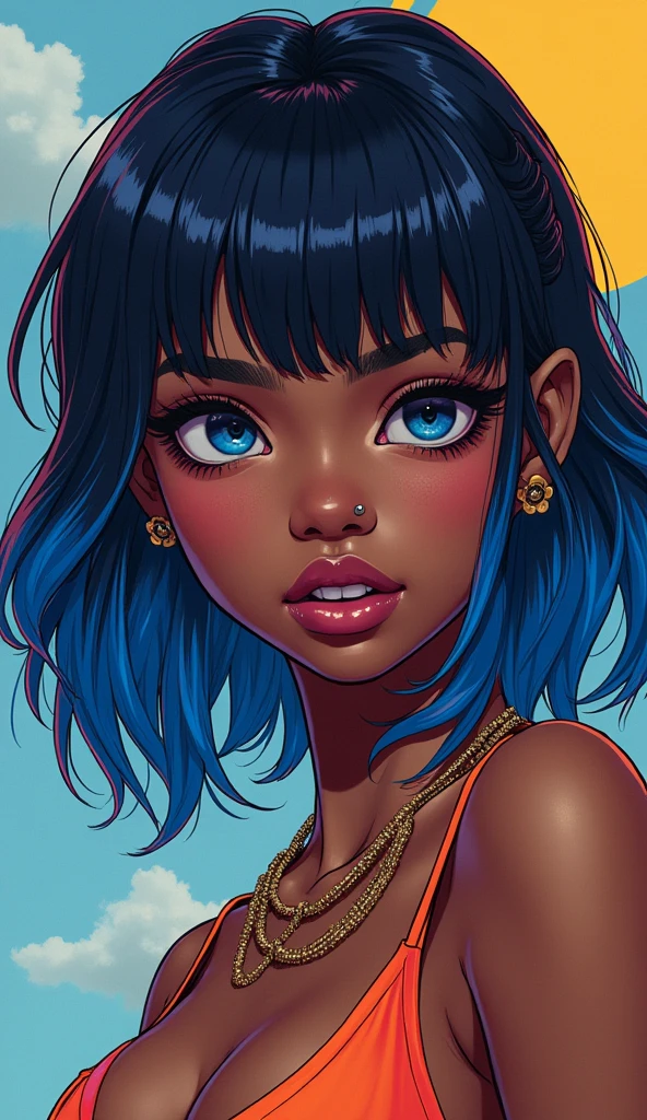 dark skinned girl with shoulder length mullet and blue hair with angel bite piercing, and she is a gyaru