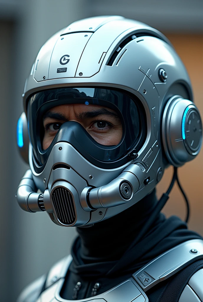 1 man, silver motorcycle helmet, snorkeling mask, portrait close up. Silver two pipe tube from mouth to head. Future design.. high tech. Wear google safety eyes glowing blue. The tube connect from head to mouth. Future headphone design blue led light detail. Starlord helmet design concepts. Very detail . High tech costume. Marvel. shape on the helmet. KAMEN RIDER.. CYBER POLICE