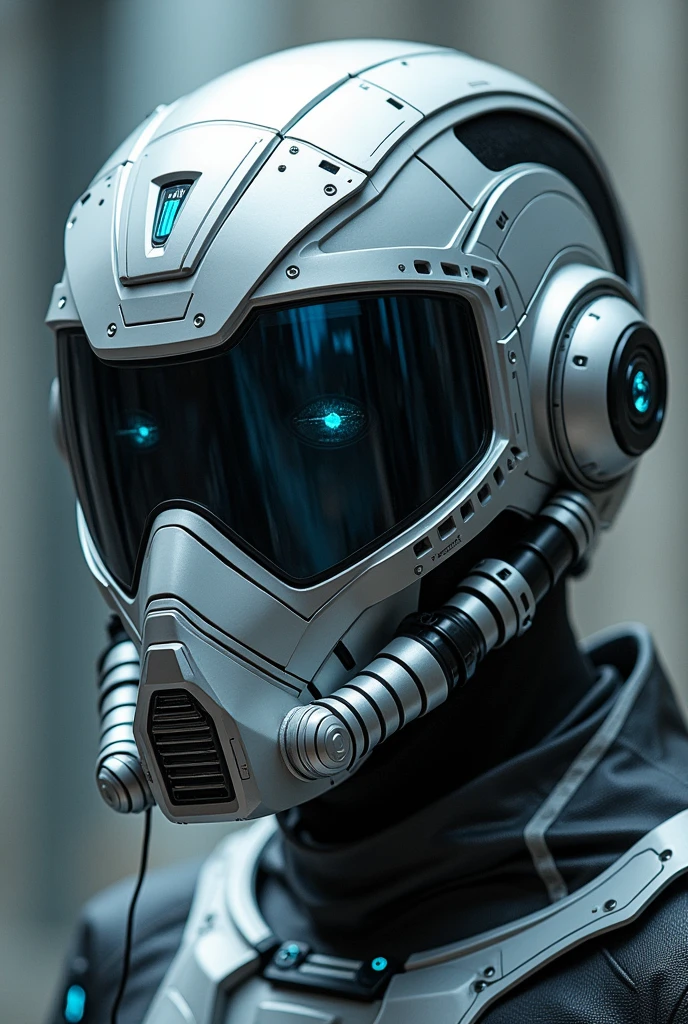 1 man, silver motorcycle helmet, snorkeling mask, portrait close up. Silver two pipe tube from mouth to head. Future design.. high tech. Wear google safety eyes glowing blue. The tube connect from head to mouth. Future headphone design blue led light detail. Starlord helmet design concepts. Very detail . High tech costume. Marvel. shape on the helmet. KAMEN RIDER.. CYBER POLICE