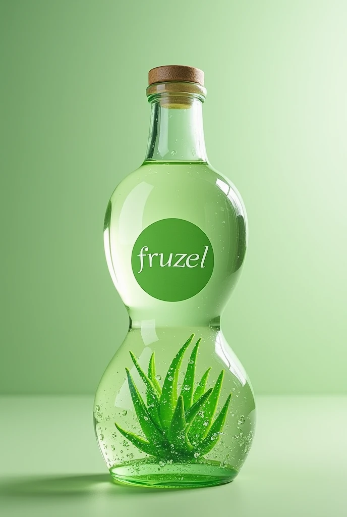 Draw a glass bottle with a unique and singular shape for a natural drink and that in the bottle liquid has small crystals of aloe vera AND that has a green label that says "Fruzzel"