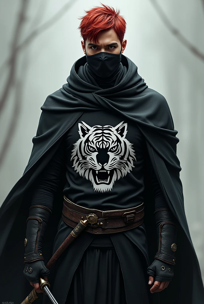 A boy with short golden hair and brown eyes wearing black armor with a cape and hood. The armor has a drawing of a white tiger. He wears a black mask covering his nose and bottom. He has two curved swords at his waist.
