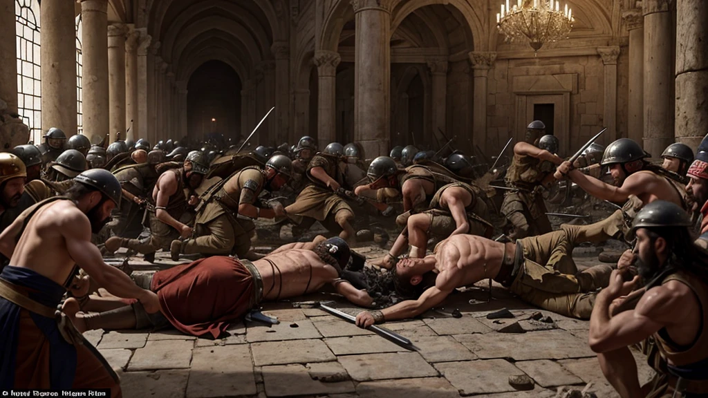 A vivid and intense depiction of the brutal battle between Roman soldiers and Jewish defenders inside the Temple in Jerusalem in 70 AD. The scene is filled with horror and chaos, with bodies of the dead strewn across the floor of the Temple. Bodies of the dead, both Roman and Jewish, are strewn across the floor, many of them seriously wounded. The Roman soldiers, their faces contorted with rage and hatred, are relentlessly attacking with swords and spears. The Jewish defenders, their faces contorted with terror and despair, are fighting desperately but are clearly overwhelmed. The holy Temple, once a place of worship, is now a scene of carnage, with flames and destruction everywhere. The atmosphere is one of absolute terror and the tragedy of the lives lost in this devastating conflict.