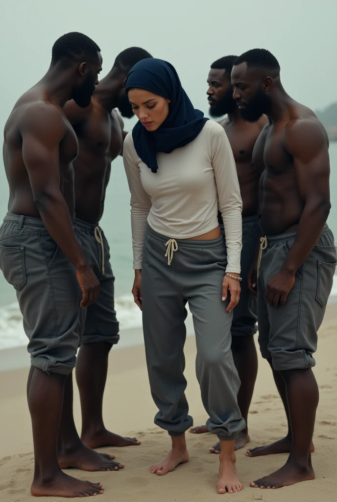 Navy blue headscarf on the beach, grey baggy sweatpants, white long sleeve t shirt, barefoot, Sexy skinny woman bent over.5 black men touching a woman.
