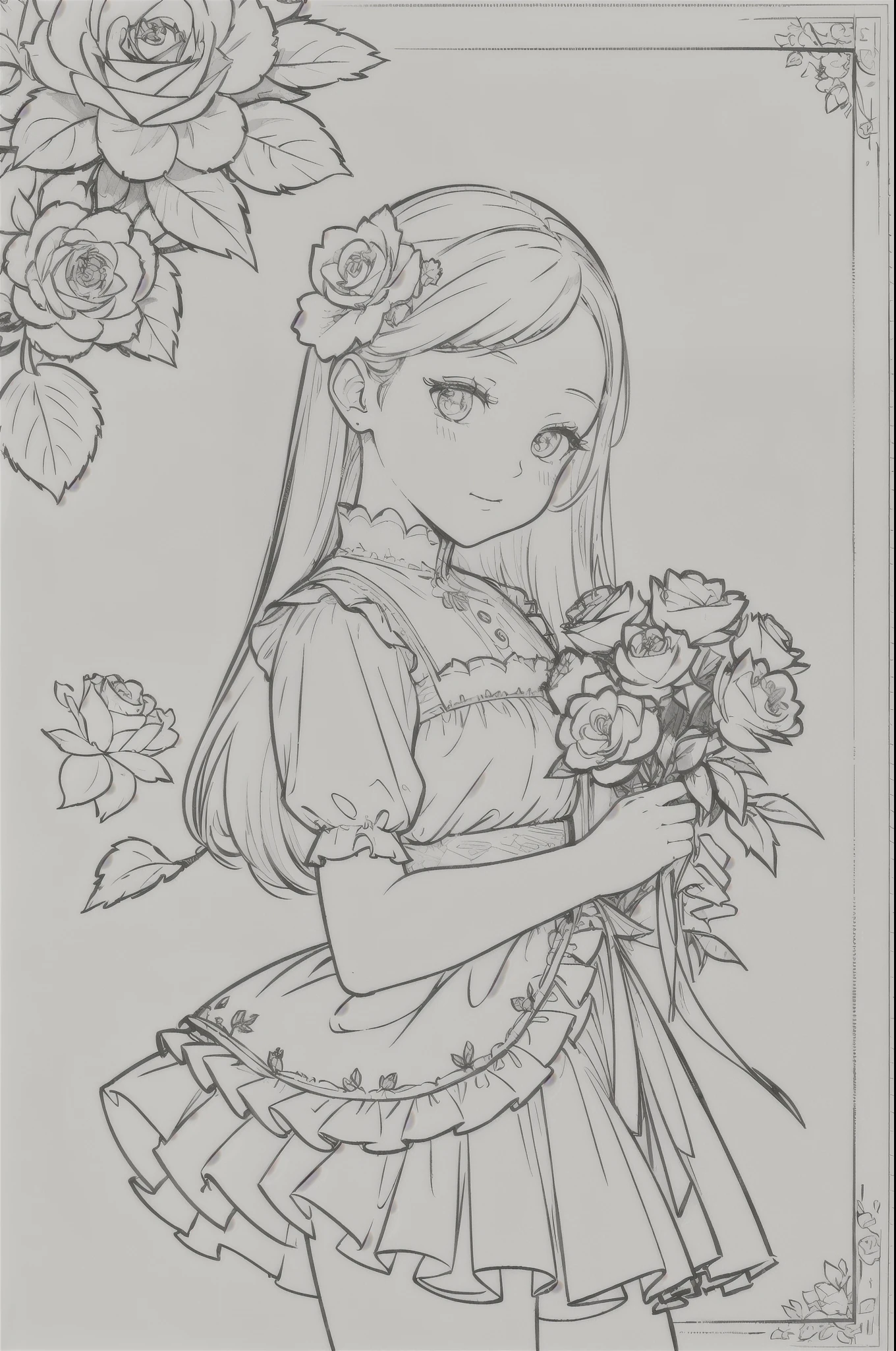 Masterpiece, Top Class, Unique, White Rose, Line Art Background, White Background, Monochrome, Line Drawing, ((Sketch)), Detail face, line drawing baby, half, skirt, white hair, camellia flowers, white background