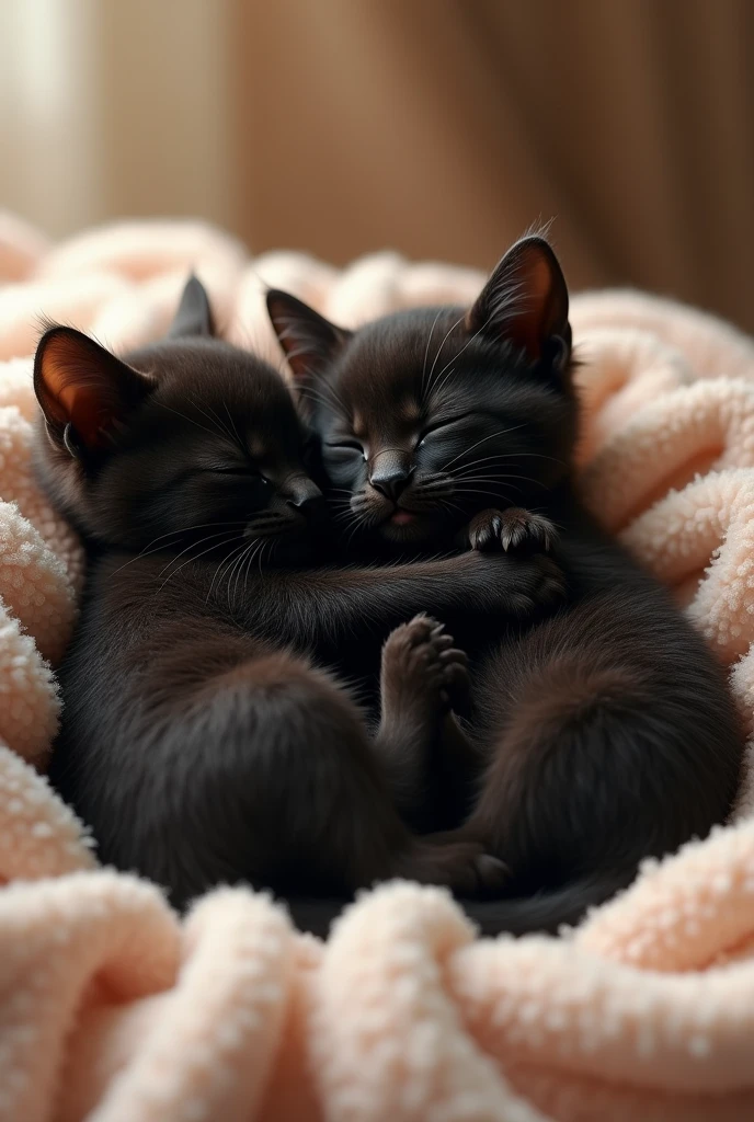 Baby black cat sleeping with another baby black cat on the bed