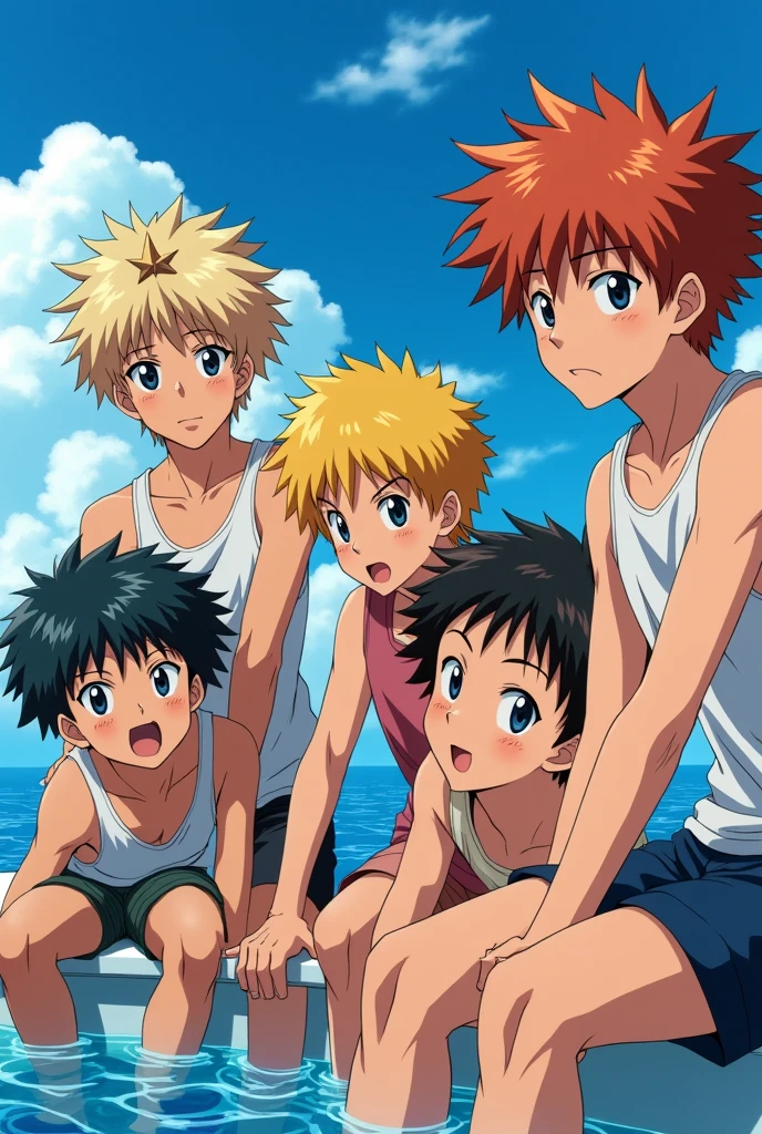 5 Teenage Males on a Boat, anime style toei animation Make one of them light blonde,yellowish red, chestnut hair, Bblack hair, all 19/