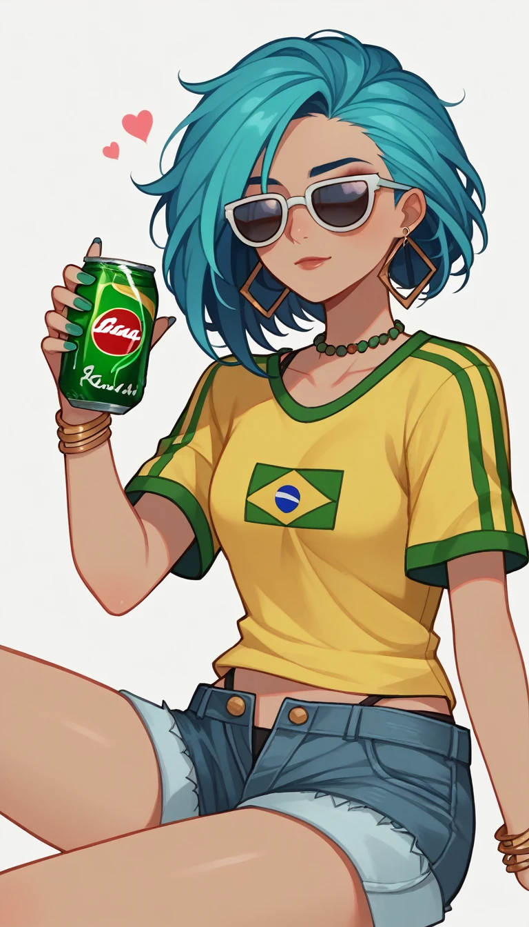 Brazilian Miku, a woman with blue hair and sunglasses holding a can of beer, brazil shirt, anime girl drinks energy drink, soda themed girl, senna from league of legends, anime girl with teal hair, anime moe artstyle, popular on pixiv, top rated on pixiv, extremely detailed artgerm, pixiv style, artwork in the style of guweiz, lucio as a woman