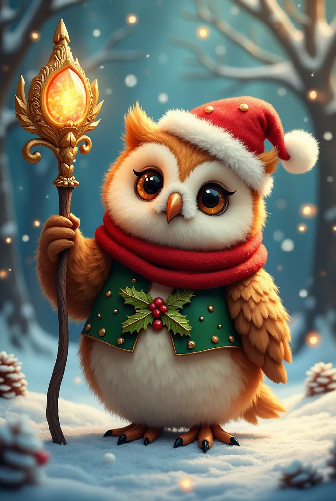Cute Christmas Owl, with Christmas clothes, and a staff