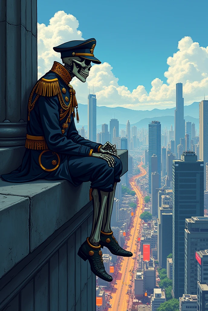 Thoughtful Brazilian skeleton soldier sitting on the edge of a building in anime drawing.
