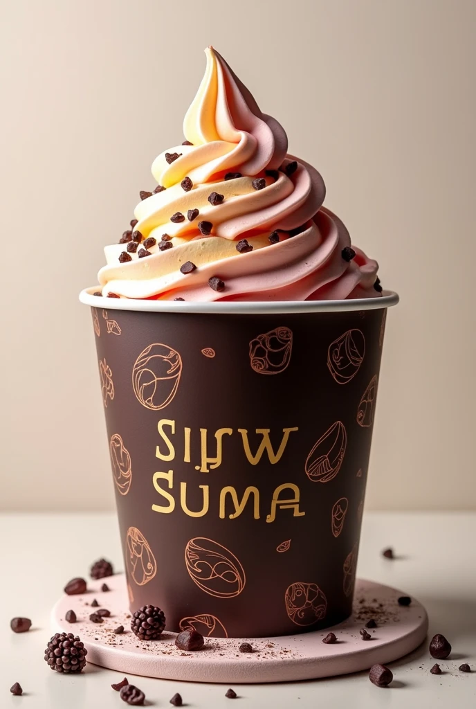 Make a picture of a dark brown ice cream tub that is legal size, and that it has a nice and eye-catching design