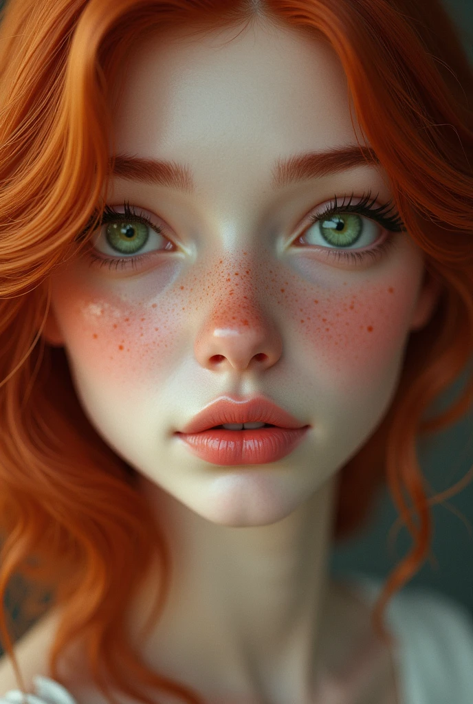 A girl with red hair, green eyes and freckles, a French nose and beautiful full lips..
