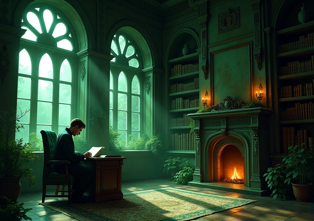 library of an old gothic and decadent mansion, the image must contain shades of green 
