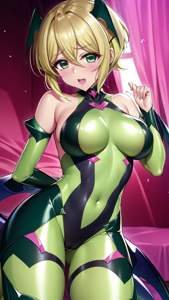 erotic、Symphogear Cut songs、Small breasts 、Blonde Pixie Cut、mature, Married women, Yellow-green shiny latex rubber suit、Off the shoulder、邪evilな女戦隊ヒーロー, Pink and black background, Pitch-dark bedroom, Dark Theme, evil, lure, excited, 邪evilな笑み, Lightly open your mouth
