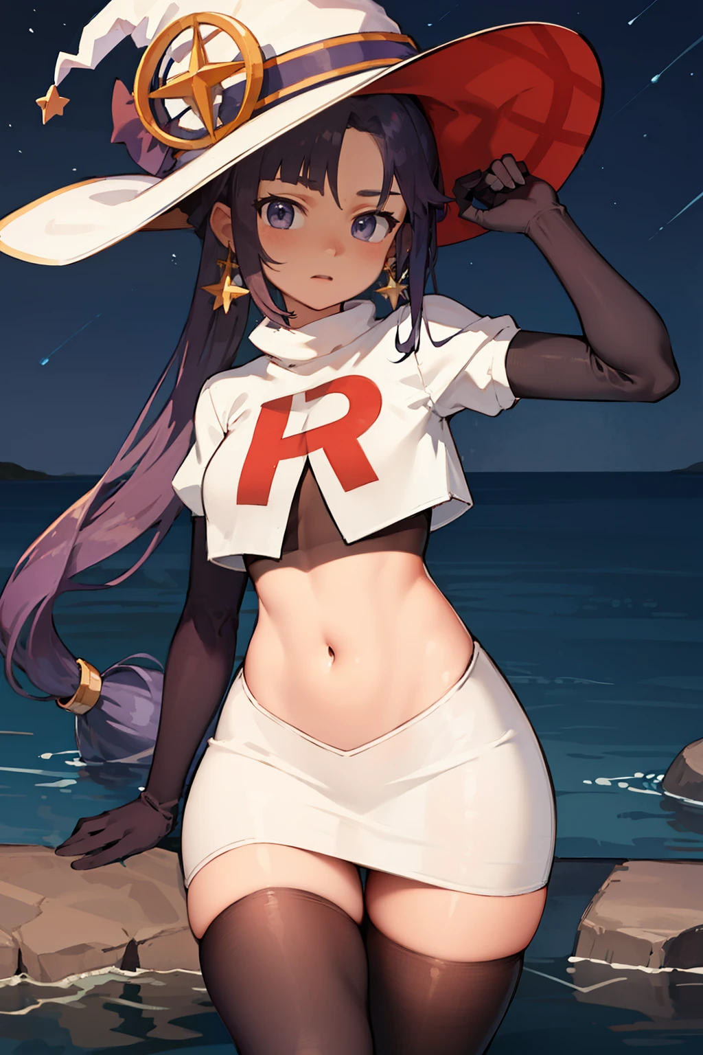 ((masterpiece,best quality)), team rocket,team rocket uniform,white skirt,red letter R,crop top,black thigh-highs,black elbow gloves, purple_hair, zettai ryouiki, aamona, long hair, twintails, star_earrings,hair ornament, hat, jewelry, star_\(symbol\), witch_hat, earrings, purple headwear, cowboy shot,