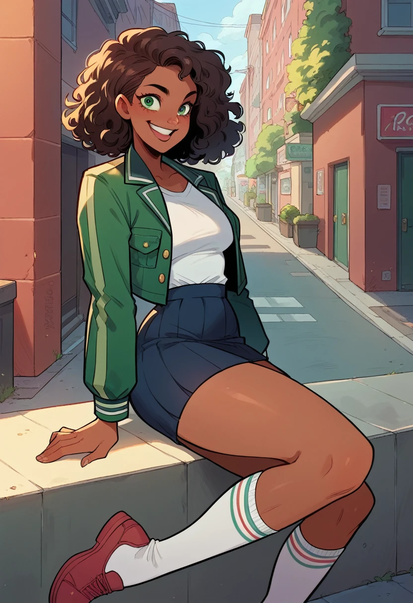 Outrageous sexy black girl in green high school uniform. Jacket, mini skirt, high white socks. Black skin, tanned, curly medium hair. Green eyes, voluptuosa, in a London street, cinematic light, cartoon , sexy pose. Smile. 