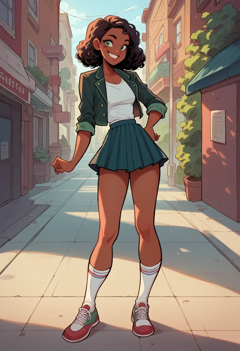 Outrageous sexy black girl in green high school uniform. Jacket, mini skirt, high white socks. Black skin, tanned, curly medium hair. Green eyes, voluptuosa, in a London street, cinematic light, cartoon , sexy pose. Smile.