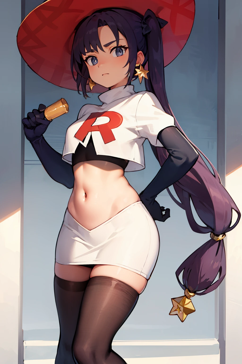 ((masterpiece,best quality)), team rocket,team rocket uniform,white skirt,red letter R,crop top,black thigh-highs,black elbow gloves, purple_hair, zettai ryouiki, aamona, long hair, twintails, star_earrings,hair ornament, hat, jewelry, star_\(symbol\), witch_hat, earrings, purple headwear, cowboy shot,