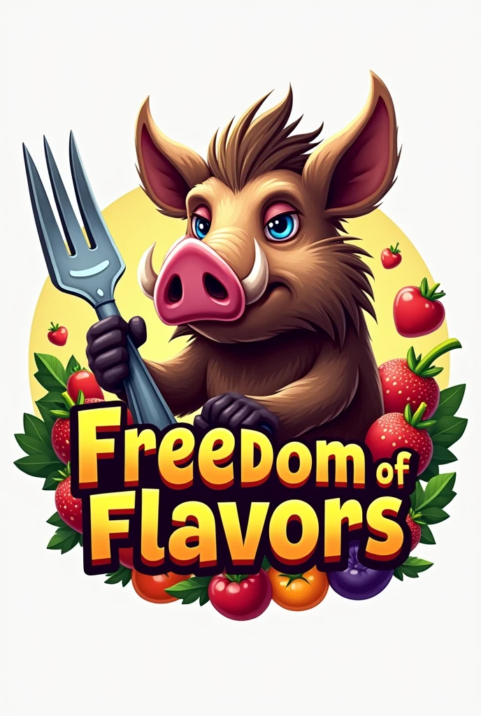make a logo for the tibia game guild, nome da guild é Freedom of Flavors, make a logo with a picture of a wild boar, with fork in hand and food.