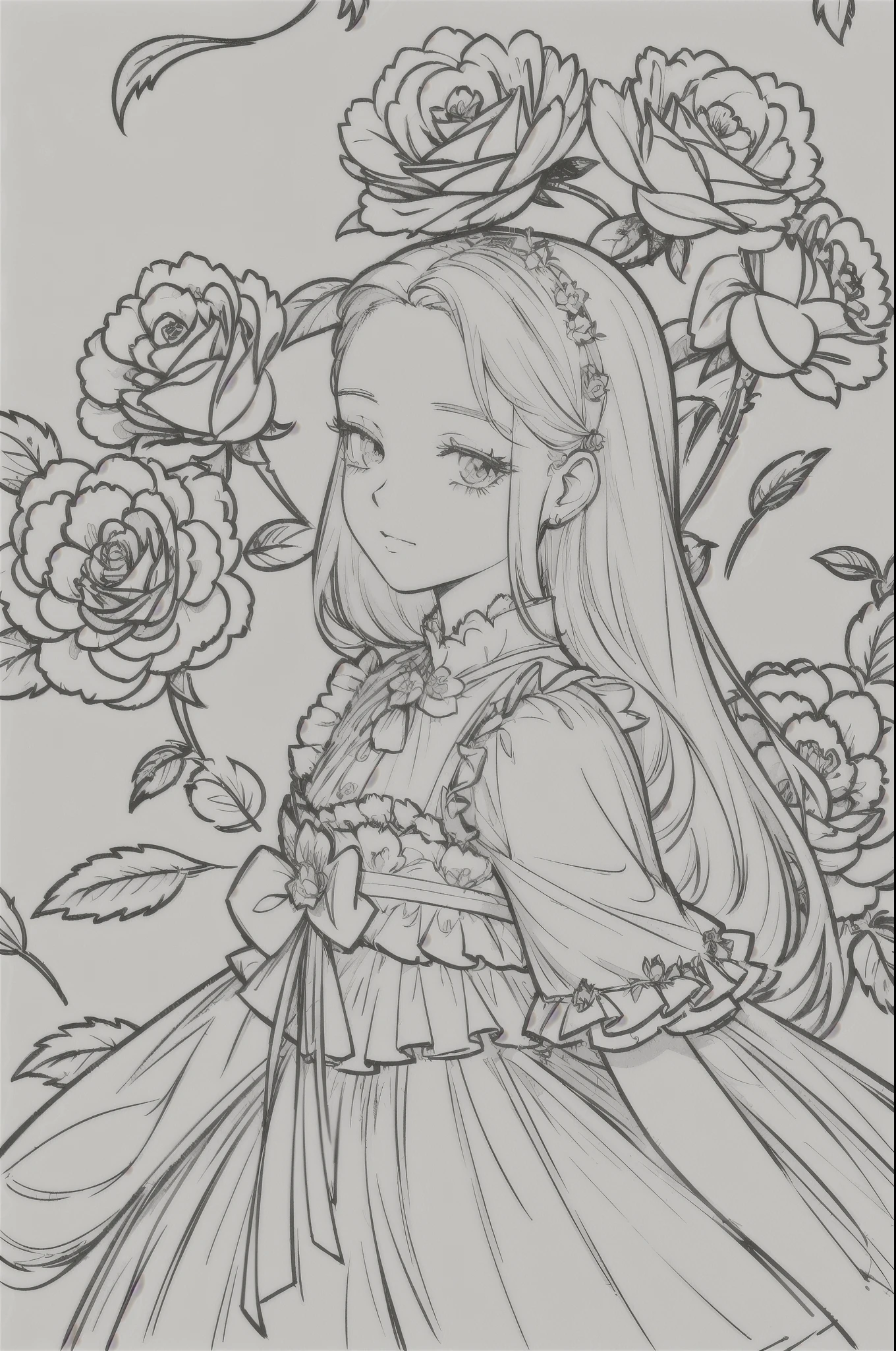 Masterpiece, Top Class, Unique, White Rose, Line Art Background, White Background, Monochrome, Line Drawing, ((Sketch)), Detail face, line drawing baby, half, skirt, white hair, camellia flowers, white background