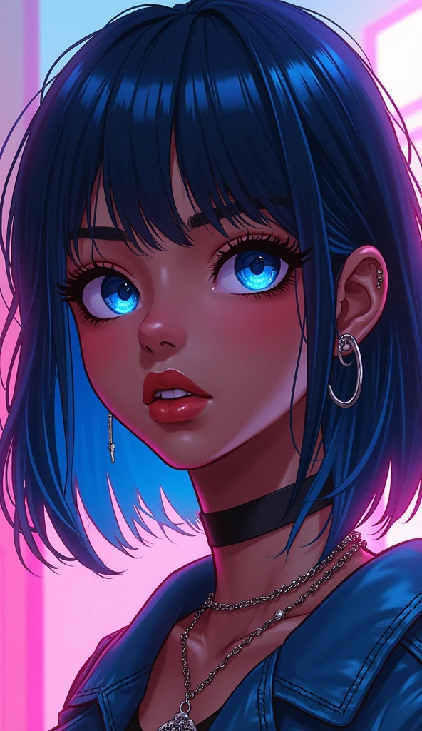dark skinned girl with shoulder length mullet and blue hair with angel bite piercing, and she is a gyaru