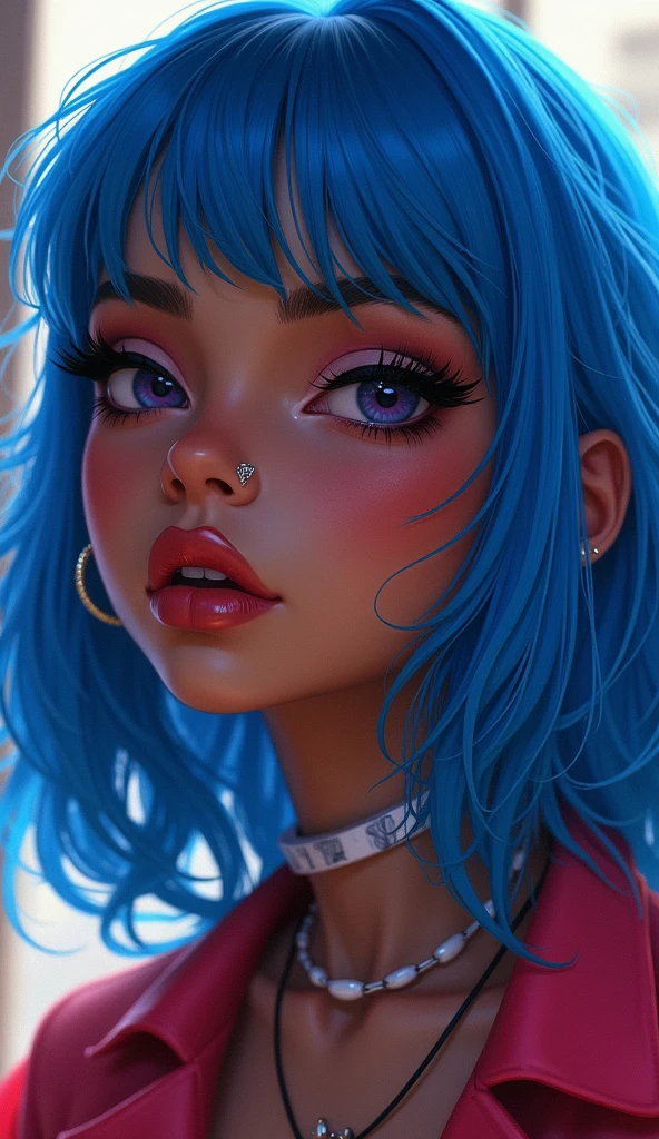 dark skinned girl with shoulder length mullet and blue hair with angel bite piercing, and she is a gyaru