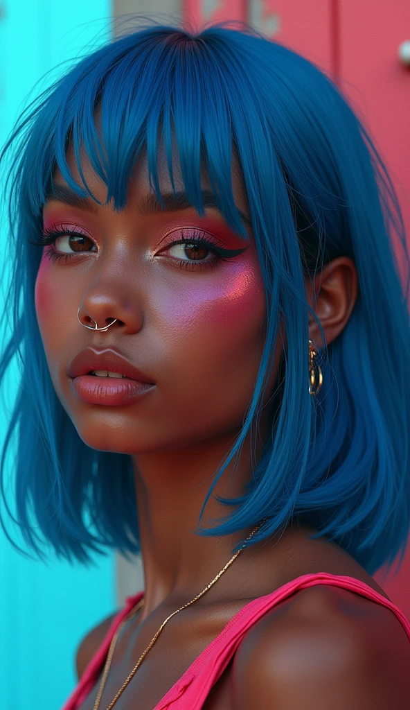 dark skinned girl with shoulder length mullet and blue hair with angel bite piercing, and she is a gyaru