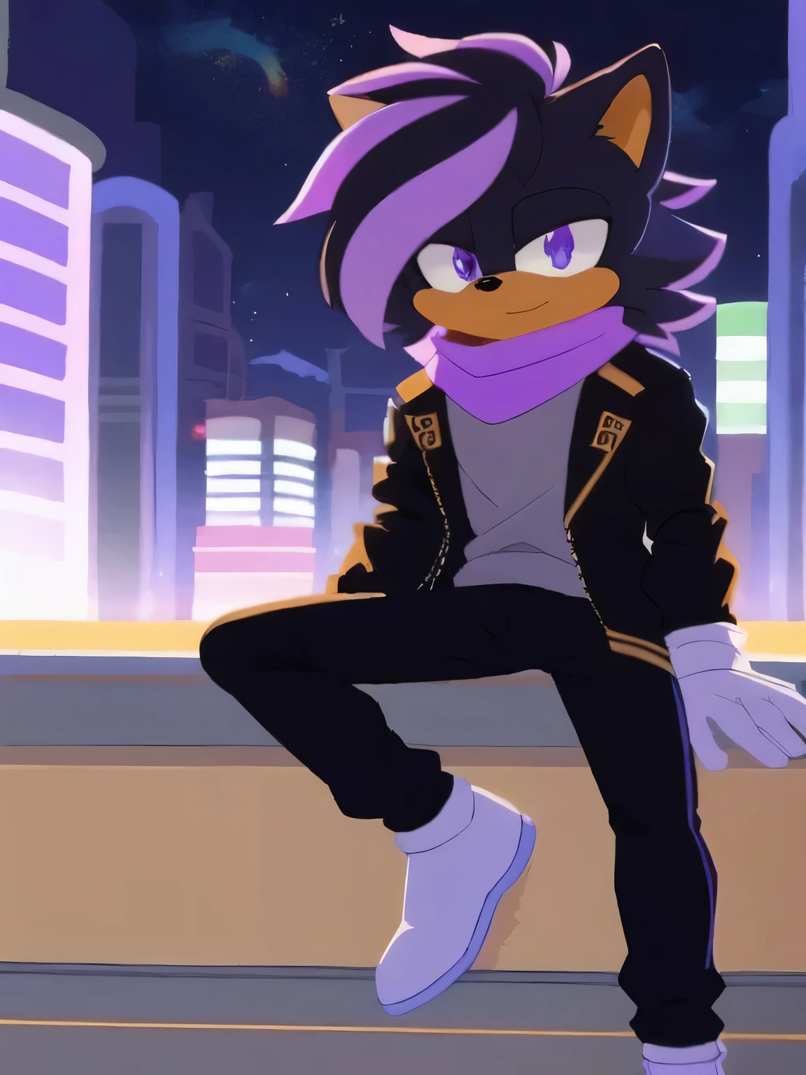 score_9, score_8_up, 2D, flat color, cafe background, looking at viewer, (1 boy), (Alone), Bat, black fur, very detailed, extremely detailed, Similar Sonic the Hedgehog, black hair, Light purple highlights on the tips of the hair, loose hair, a big fringe of hair, lilac eyes, black jumpsuit, black jacket, High neck scarf type, black yoga pants, purple scarf, white gloves, Cuffs with gold rings around the wrists resembling shadow, make up, day time, Mobian, Mobius City, empty expression, boy, male