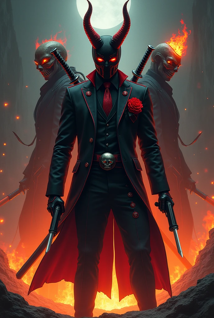 A landscape of Mexico/futuristic japan, at night with a man in a black suit with red lines, with a black mask and red masks with black eyes and red dots as well as 2 medium-sized black horns with red touches (no ears), Black gloves with red buttons and black capsules, black belt with red lines and in the center an image of the mask, Black shoes with red soles with black circles and 2 short katanas on his back with fire symbols, 2 pistols with fire symbols and a red flower resembling flames of fire in the front pocket of his suit (His suit looks like a business suit and his mask has more touches of red.) , His pants are black with red touches. He has flames coming out of his back in all directions like the tails of a kitsune, as well as many black whips like thick tentacles, and he is in the pose of unsheathing his katana. In addition to 2 demons on his back, 1 is a human skull on fire. The other is a black skull with a dark aura. The skulls are at the level of his shoulders, a little higher, and are the size of his torso. He has fire coming out of his back and has 2 giant claws like gloves.
