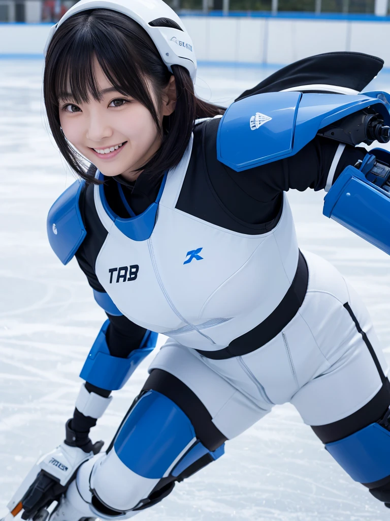 Japanese female android,Black Hair,White and blue robot suit,Plump,Skating on an outdoor ice rink,Close-up,smile,