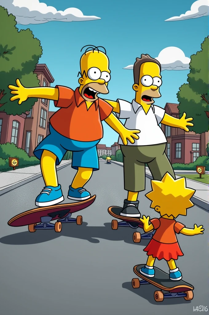 Homer Simpson qui fait du skateboard avec Nels Flanders. En bas, il y a Marge Simpson qui semble effrayé 