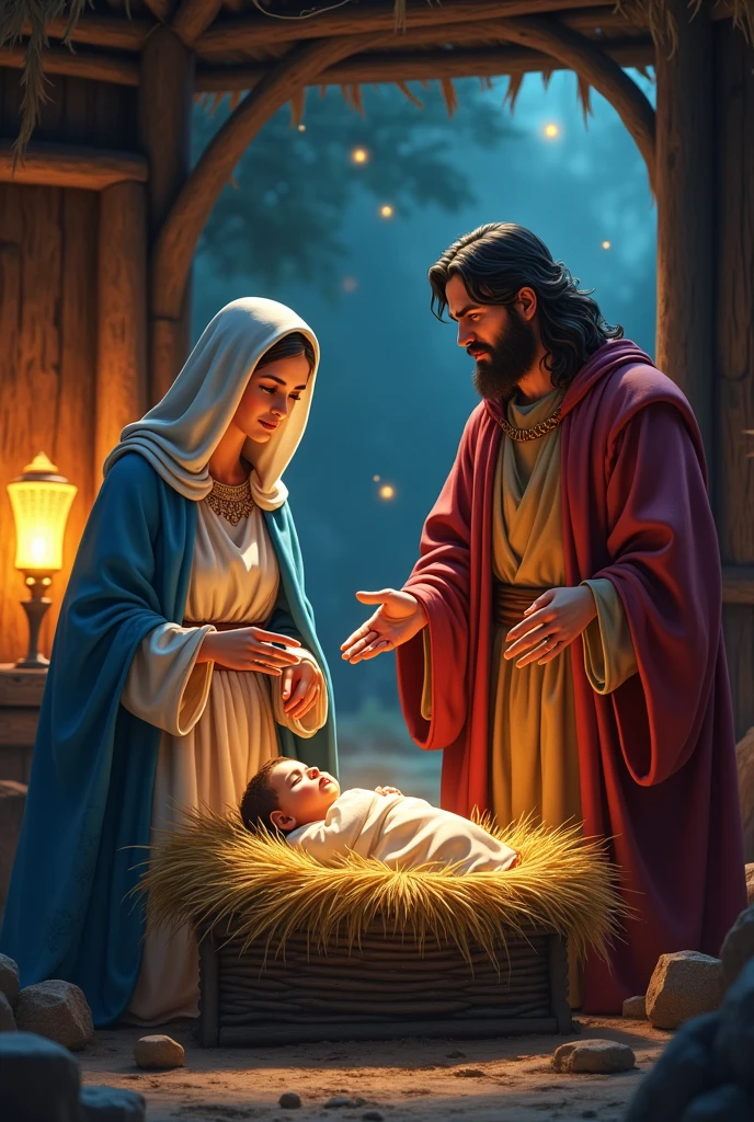 make an image of mary and saint joseph entering the manger Take a print of the following image and it is best to generate colorful, high-contrast, high-resolution images.