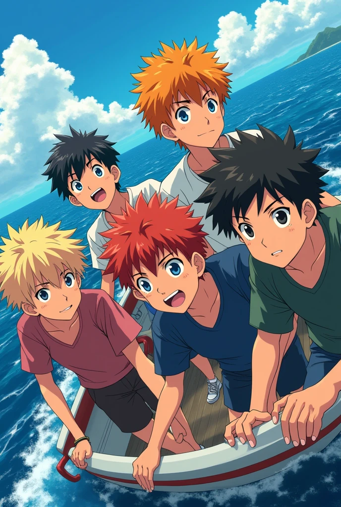 5 age Males on a Boat, anime style toei animation Make one of them light blonde,yellowish red, chestnut hair, Bblack hair, all 19/