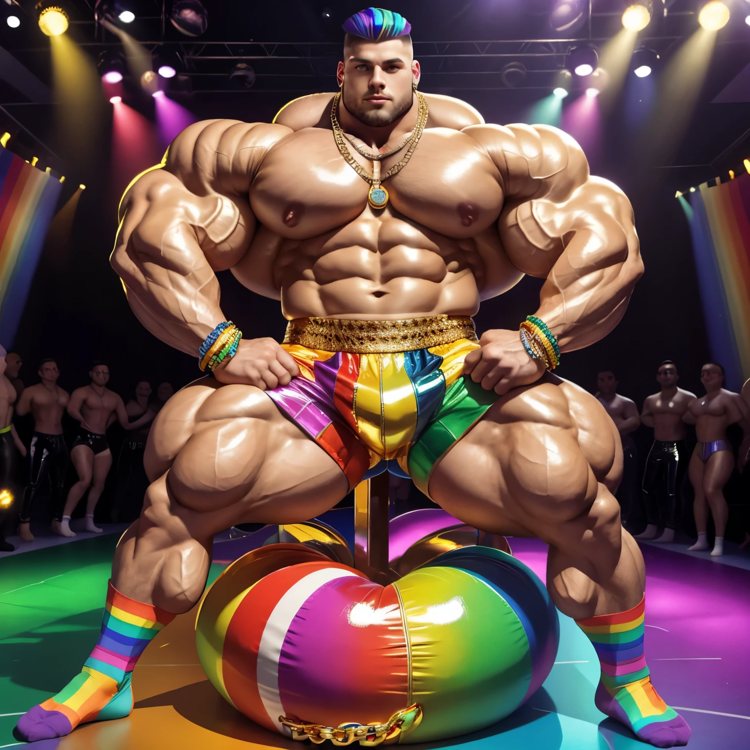 full view full body, the biggest heaviest hyper-massive overmuscular bodybuilded young white european effeminate guy with hype gay undercut haircut, lots of gay jewelery, shirtless showing off over-inflated and over-bloated huge pecs, pierced nipples with gold rings and chains, double-biceps, legs, abs, wearing latex shiny shorts and rainbow socks, no shoes, gay necklaces, bracelets, rings,, dancing in his socks in gay disco, showing off his rainbow socks, many various gay dancers around on the dancefloor.