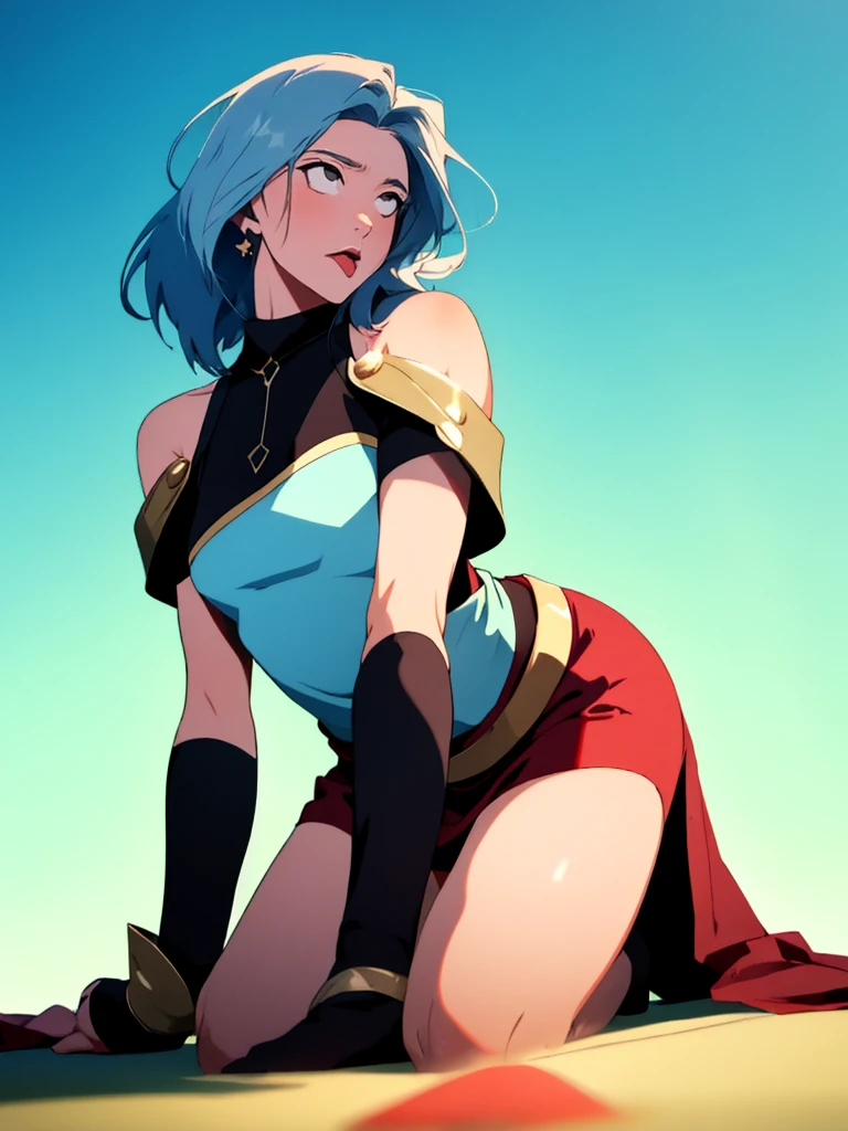 anime girl, anime traits, woman with sky blue hair, shoulder-length hair, light blue hair the color of the sky, girl in magic warrior outfit, sensual girl, sexly, woman is kneeling on the floor, plain color background for cutting, Girl kneeling on the floor, white clothes of magical warriors in the style of Final Fantasy X characters, garota sexly, , decote sexly, fantasy style clothes, femboy sexly, simple single color background, sensual clothes, Cheeks red, making faces, tongue out