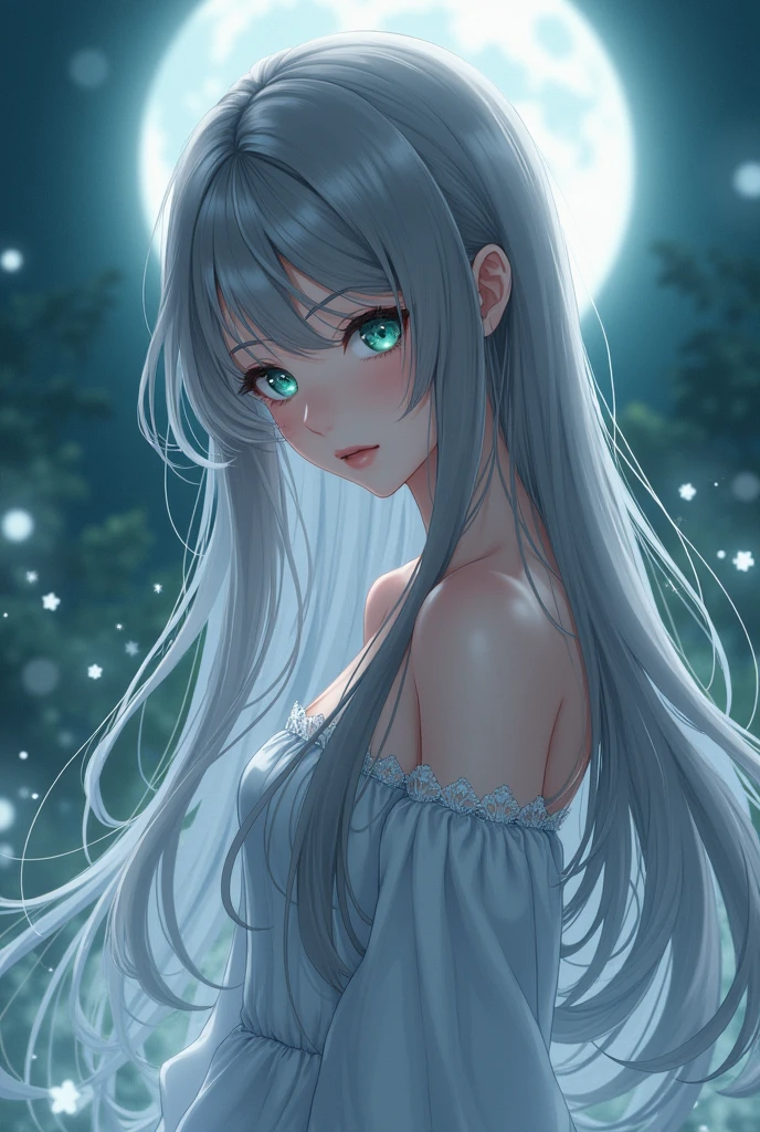 anime girl, with long smoke gray hair and turquoise eyes
