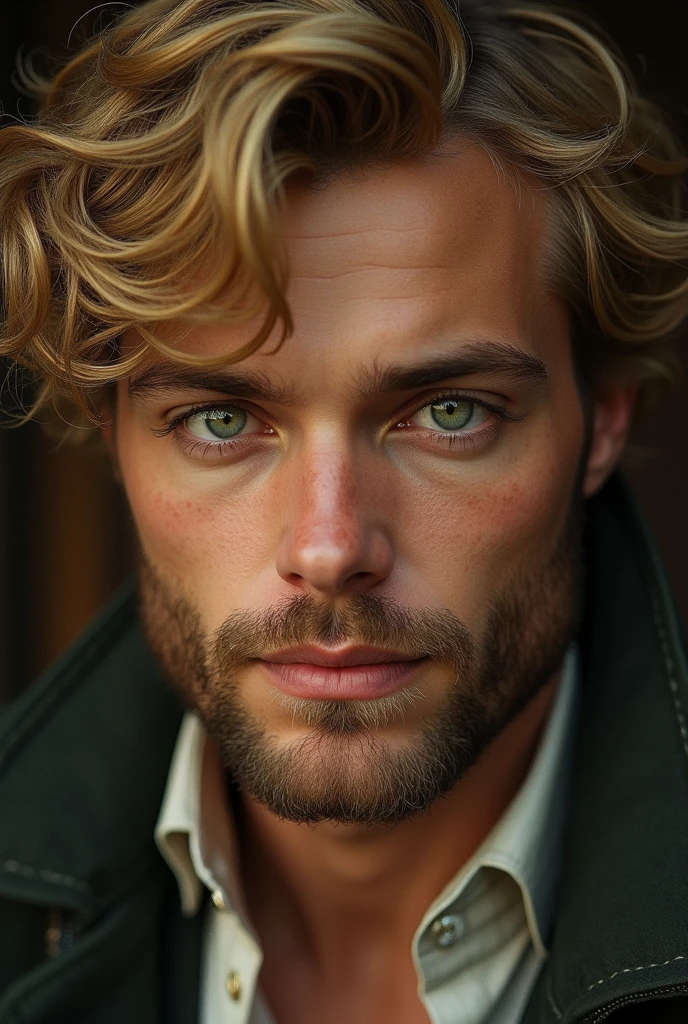  Young man short curly golden hair collar beard and  green eyes