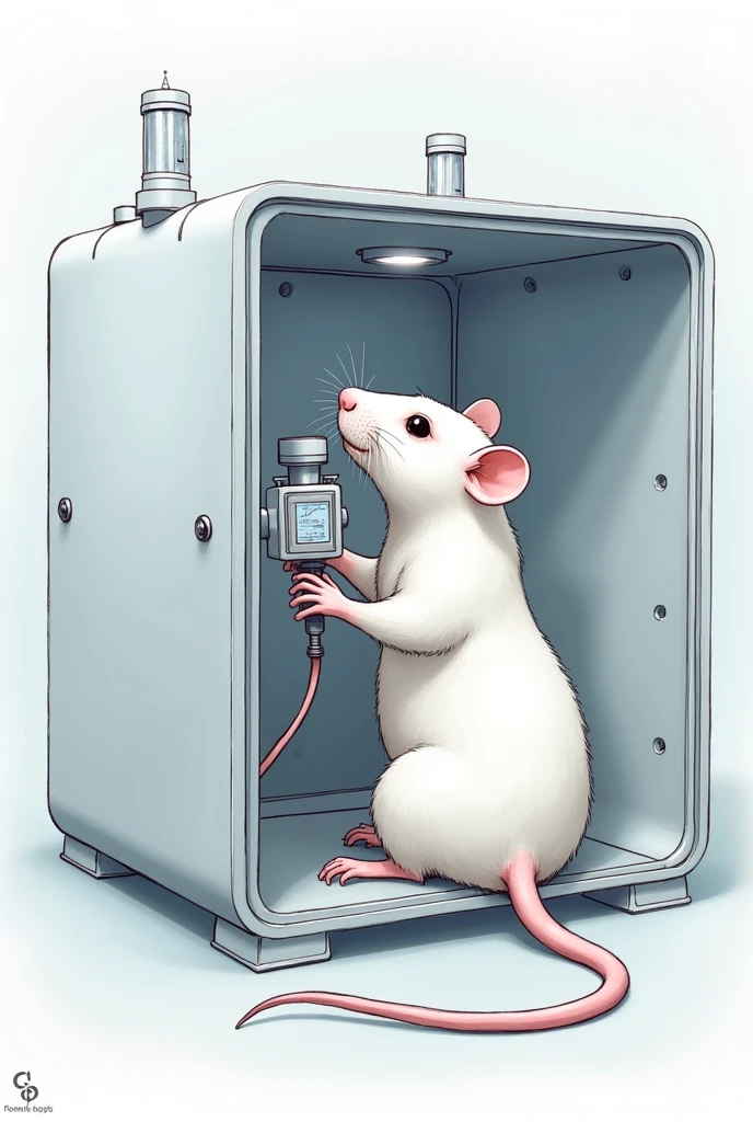 Drawing of a white rat measuring pressure by a transducer on its tail in a device