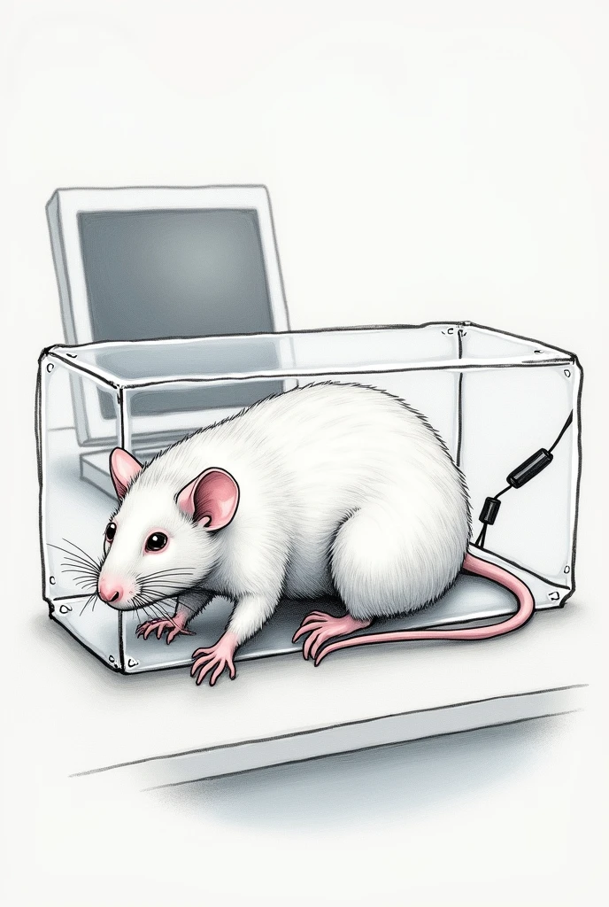 hand drawn drawing of a white mouse lying in a transparent box having its blood pressure measured by telemetry with transducer wires attached to its tail by a black ribbon very close to its leg in a laboratory, showing the computer
