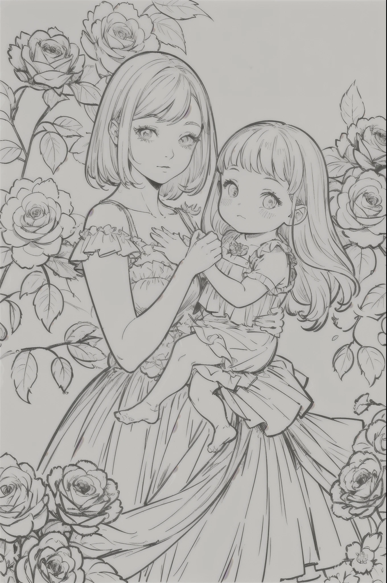 Masterpiece, Top Class, Unique, White Rose, Line Art Background, White Background, Monochrome, Line Drawing, ((Sketch)), Detail face, line drawing baby, half, skirt, white hair, camellia flowers, white background