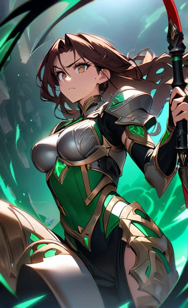 Artwork, highest quallity, アニメ. Goblin Slayer art style, high resolution, 独奏, maroon hair,
A tall woman, 30 years of striking beauty, her delicate features contrast with the fierce look that conveys determination. Her slim and athletic body. Rigid posture and a harsh, serious look.
Your long hair, dark brown, with curly locks, hypdertailed. a small mole on the cheek of the face. light brown eyes that shine with ferocity. Triangular pupils in the eyes, Straight eyebrows intensify your expression, while her thick eyelashes intimidate. Wearing enchanted titanium armor, Emerald green, with silver,vtailor-made for your athletic body. interlocking metal plates protect the torso, Shoulders and arms, maintaining mobility. A tabard decorated with the dragon crest carved in silver, covers the torso to the waist. A black leather belt with a metal buckle wraps around the waist. Flexible metal segments protect thighs and legs, enabling agile movements. Shoulder pads and knee pads are adorned with carved serpent-shaped details. Wearing black tight pants with metal plates on them.
Carved serpent-like details adorn the armor's shoulder pads and knee pads..
She is holding a large metallic hand crossbow with both hands., covered in a vibrant dark green.Its three strings, deep green, are decorated with snake details along the entire length, giving the weapon a noble and imposing aura.
The crossbow grip is made of soft, padded leather.Ergonomic design ensures a firm and secure grip, allowing efficient handling,No ballista mouse, a dragon's head carved in emerald is positioned with its mouth open, ready to release the bolts. She is pointing the large crossbow bolt towards the viewer.. She has a neutral expression.