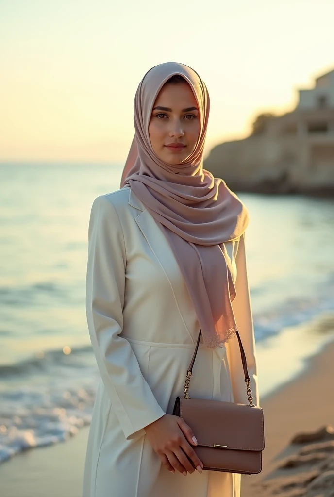 Amal hijab et sac a main pose devant la mer