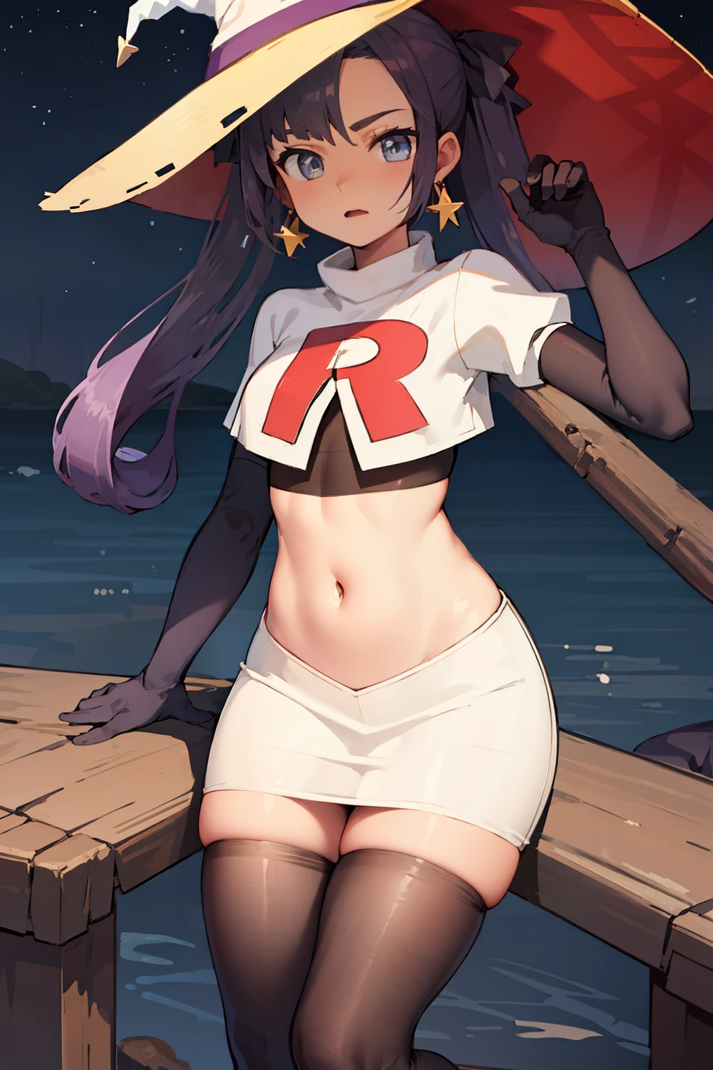 ((masterpiece,best quality)), team rocket,team rocket uniform,white skirt,red letter R,crop top,black thigh-highs,black elbow gloves, purple_hair, zettai ryouiki, aamona, long hair, twintails, star_earrings,hair ornament, hat, jewelry, star_\(symbol\), witch_hat, earrings, purple headwear, cowboy shot,