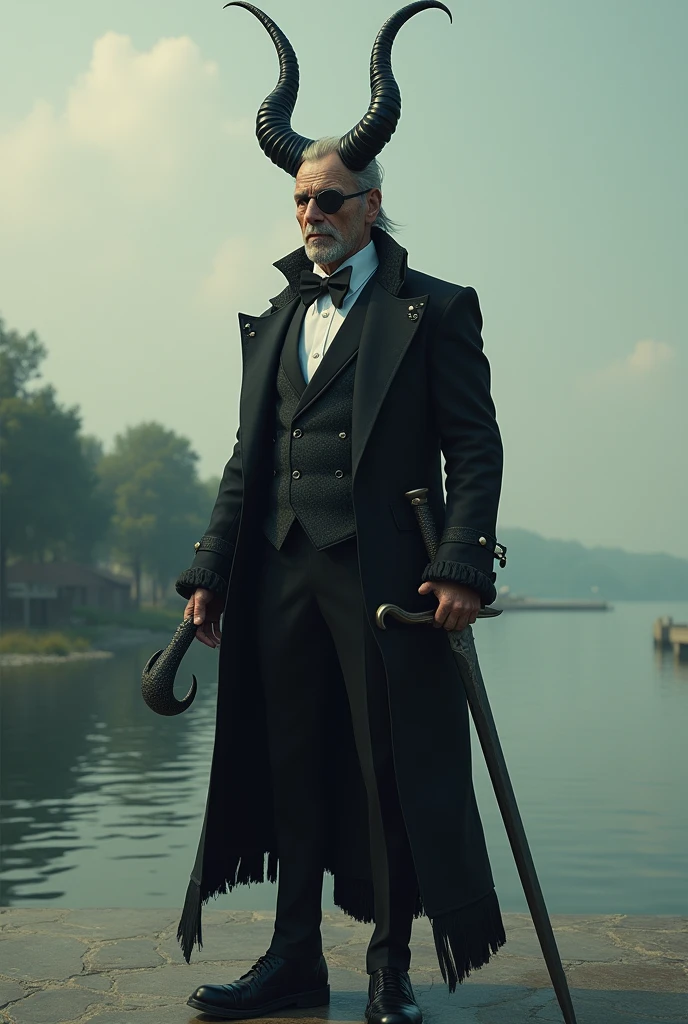 Make a man of about 40 years old with an elegant suit. On top of your head, has two horns. His left eye is covered by a pirate eyepatch., while in his right eye he has a cut scar, similar to that of the character of Scarface. His arms are long and, instead of human hands, On his left arm he has a pirate hook and on his right arm a sword.. Her legs are short and, instead of a human foot, his left foot is a chicken&#39;s foot.
It is in a quiet and relaxing landscape