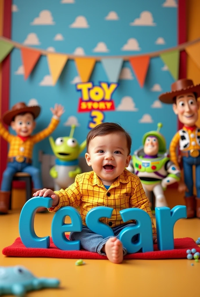 a Toys Tory 1st birthday photo shoot set that has Cesar's name on it
