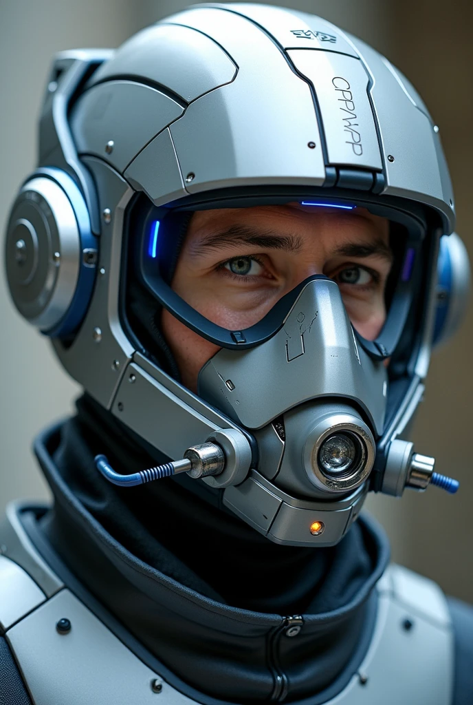 1 man, silver motorcycle helmet, snorkeling mask, portrait close up. Silver two pipe tube from mouth to head. Future design.. high tech. Wear google safety eyes glowing blue. The tube connect from head to mouth. Future headphone design blue led light detail. Starlord helmet design concepts. Very detail . High tech costume. Marvel. shape on the helmet. KAMEN RIDER.. CYBER POLICE